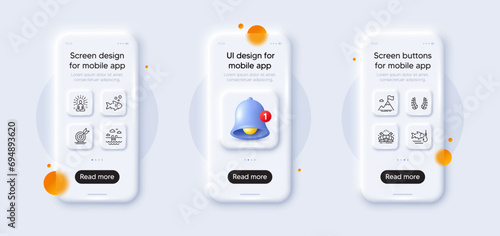 Fishing, Yoga and Fish line icons pack. 3d phone mockups with bell alert. Glass smartphone screen. Swimming pool, Laurel wreath, Target goal web icon. Mountain flag, Sports arena pictogram. Vector