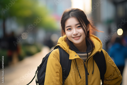 Young pretty Chinese woman at outdoors with a student backpack