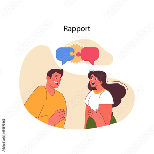 Building rapport in neuro-linguistic programming. Engaging in meaningful communication. Establishing connection and trust through dialogue. Harmonious interaction between individuals. Flat vector