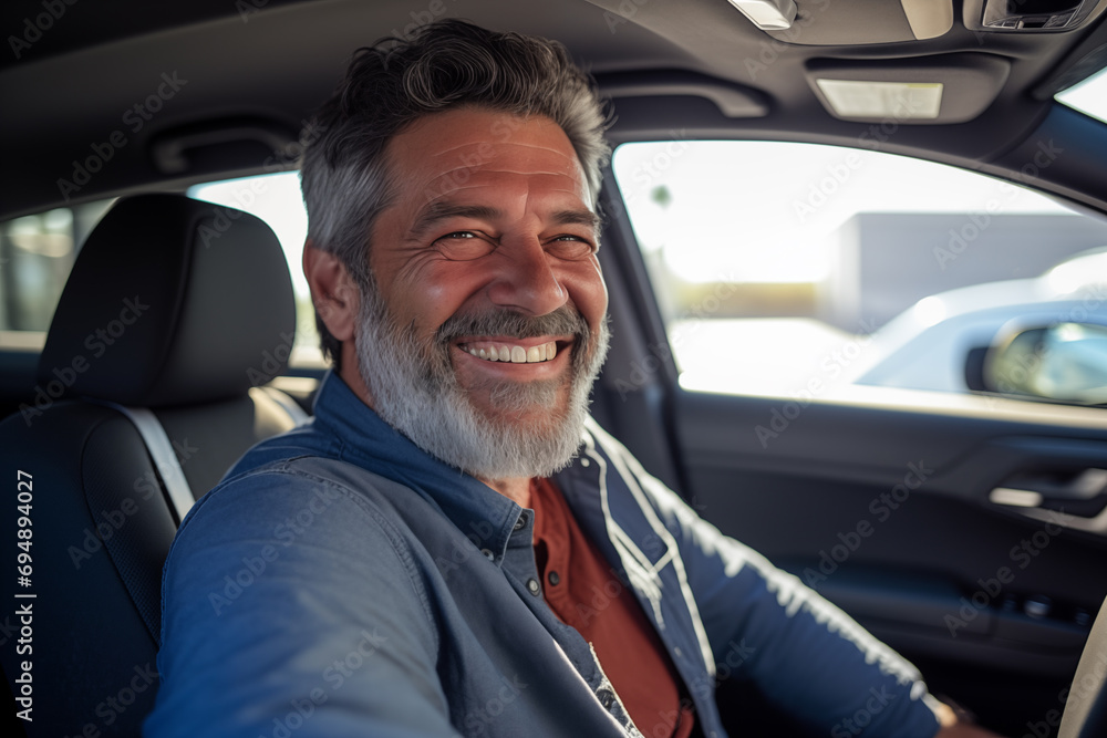 Middle aged man in the middle of the city inside a car and driving Middle aged man in the middle of the city inside a car and driving