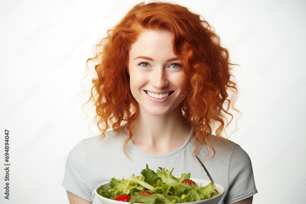 Young pretty redhead girl over isolated white background with salad Young pretty redhead girl over isolated white background with salad