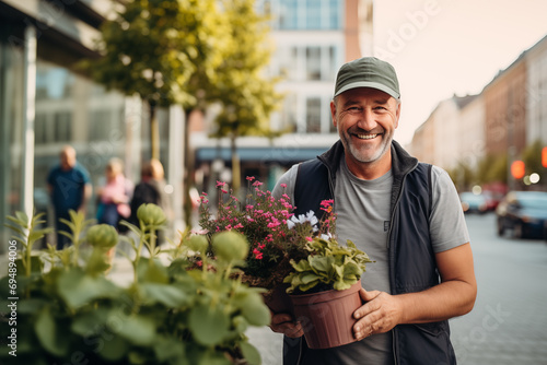 Middle aged man in the middle of the city holding flowers