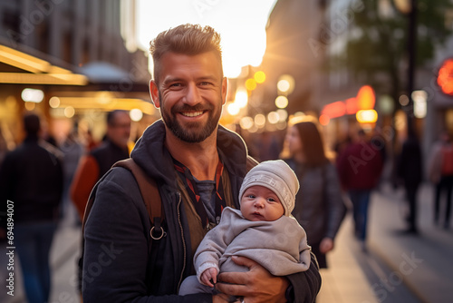 Middle aged man in the middle of the city with newborn baby photo