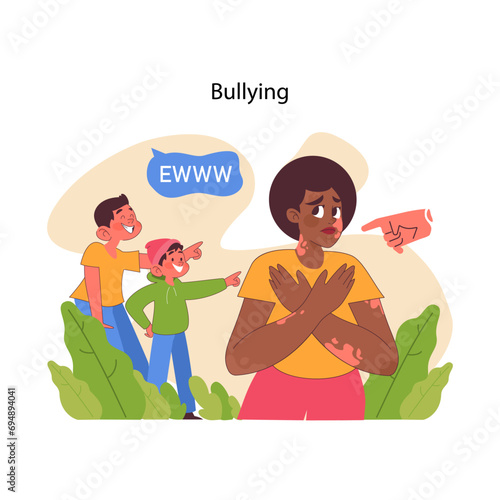 Bullying in action. Distraught young woman cornered by jeering peers, feeling isolated and shamed. Lookism, racism, discrimination, hate, social issue portrayal. Flat vector illustration