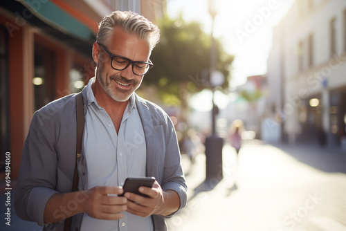 Middle aged man in the middle of the city using mobile phone