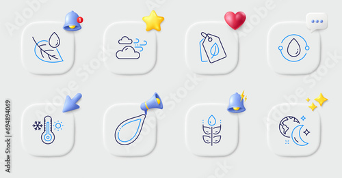 Windy weather  Thermometer and Leaf dew line icons. Buttons with 3d bell  chat speech  cursor. Pack of Gluten free  Sleep  Pumpkin seed icon. Bio tags  Cold-pressed oil pictogram. Vector