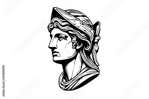 Hermes head hand drawn ink sketch. Engraved style vector illustration.