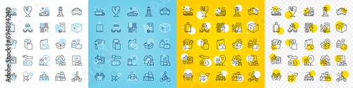 Vector icons set of Delivery report, Rent car and Wholesale goods line icons pack for web with Gps, Taxi, Package outline icon. Paper wallpaper, Lighthouse, Fragile package pictogram. Vector