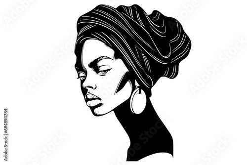 Beautiful black woman hand drawn ink sketch. Logo for beauty salon. Engraved vector illustration.