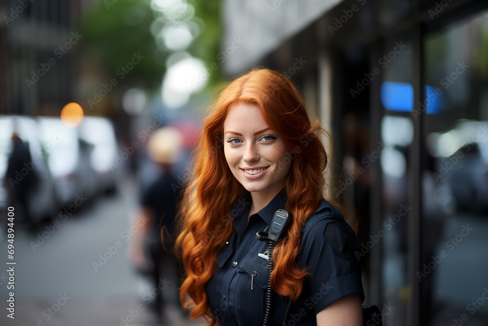 Young pretty redhead woman at outdoors with police uniform Young pretty redhead woman at outdoors with police uniform
