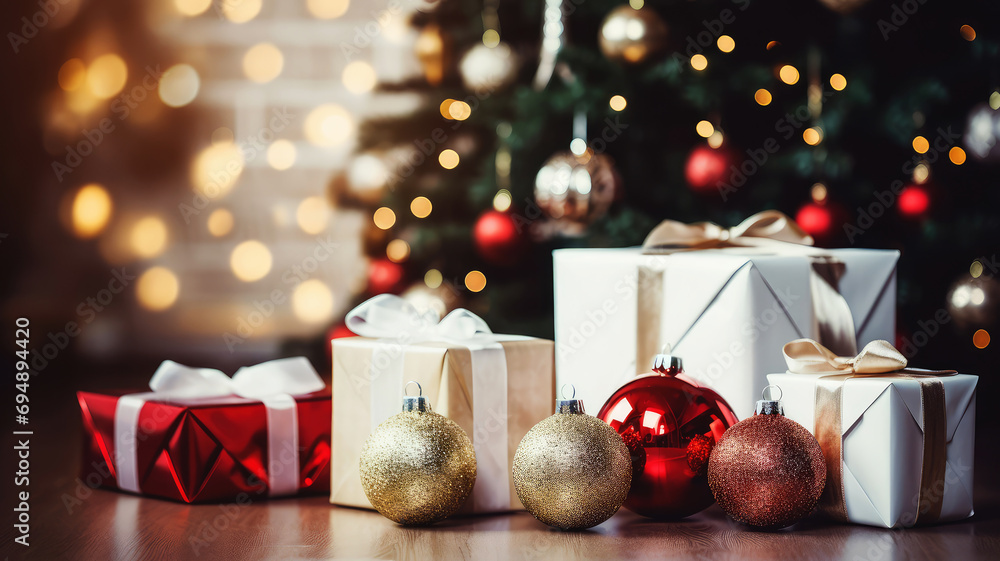 Merry Christmas and Happy New Year background with copy space. Xmas gifts box and Christmas balls, festive bokeh. Design for poster, holiday banner, flyer or greeting card. Merry Christmas and Happy New Year background with copy space. Xmas gifts box and Christmas balls, festive bokeh. Design for poster, holiday banner, flyer or greeting card.