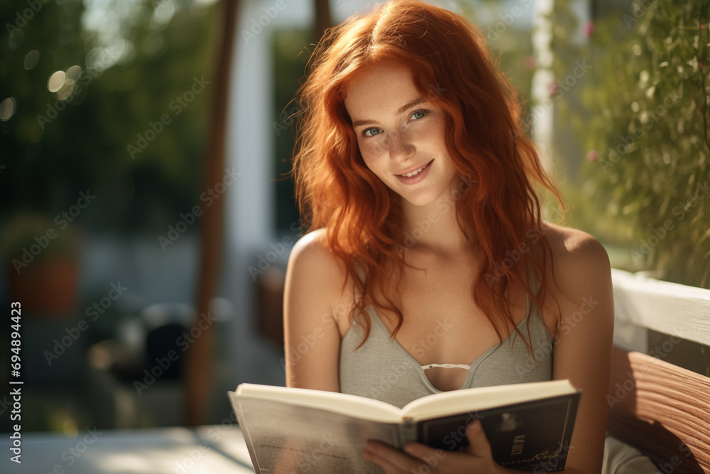 Obraz premium Young pretty redhead woman at outdoors reading a book