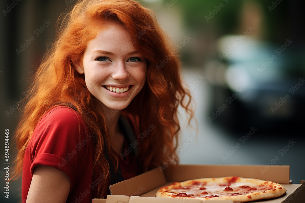 Fototapeta premium Young pretty redhead woman at outdoors holding pizzas