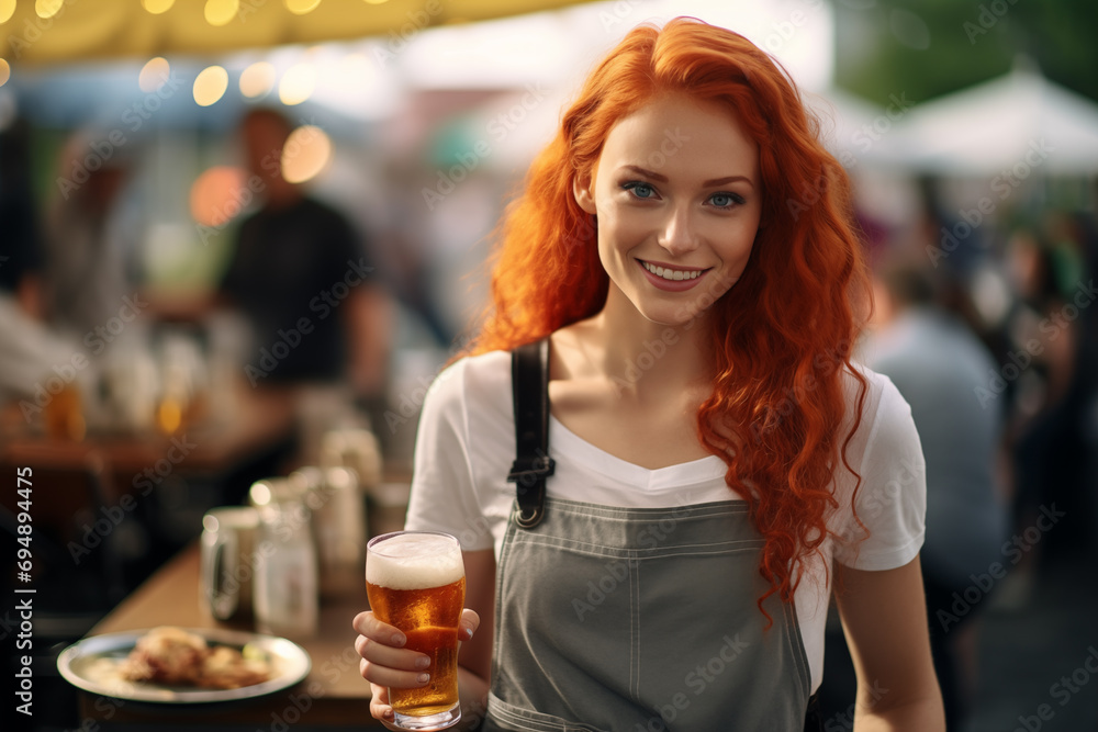 Young pretty redhead woman at outdoors drinking beer Young pretty redhead woman at outdoors drinking beer