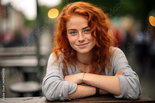 Young pretty redhead woman at outdoors