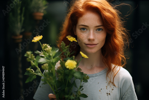 Young pretty redhead woman at indoors holding plants © luismolinero