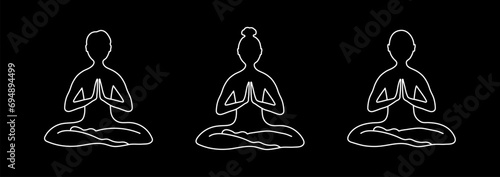 Set of icons with people silhouettes sitting in lotus position, hands in praying. Outline logo isolated on black background. Vector illustration