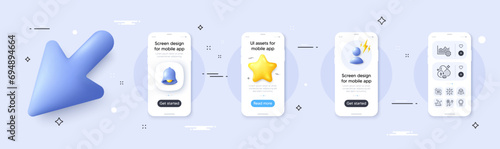 Flight sale, Pyramid chart and Folate vitamin line icons pack. Phone screen mockup with 3d cursor. Alert, star and placeholder. Power, 360 degree, Operational excellence web icon. Vector