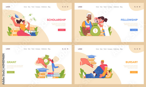 Scholarship types set. Exploring various financial aid forms for scholars and students. Grant, fellowship, and bursary differences. Educational investment for bright futures. Flat vector illustration