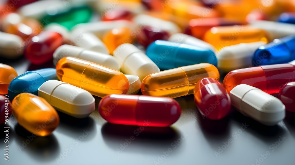close up of Color Dietary Supplements, Vitamin Capsules, Mineral Pills, Healthy Multivitamin Capsule. Generative AI close up of Color Dietary Supplements, Vitamin Capsules, Mineral Pills, Healthy Multivitamin Capsule. Generative AI