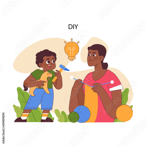 Do it yourself concept. Joyful crafting and innovation with yarn and toy making. Creative journey from idea to reality. Making personal, unique products and items. Flat vector illustration
