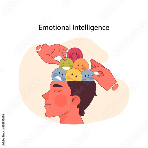 Emotional Intelligence concept. A serene profile with a mind opened to an array of emotions, each carefully balanced, showcasing the mastery of personal feelings. Flat vector illustration