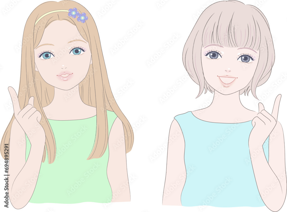 A set of girls hands with index finger pointing upward A set of girls hands with index finger pointing upward
