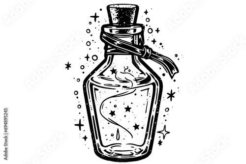 Magic bottle with potion hand drawn ink sketch. Engraved style vector illustration.