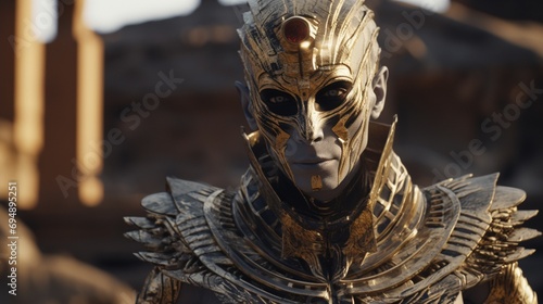 Ancient Egyptian Villain Character with golden suit and armor photo