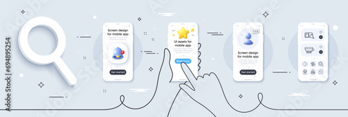 Dry cappuccino, Cashback card and Search love line icons pack. Phone screen mockup with 3d star, alert and chat message. Salary employees, Update time, Search book web icon. Vector