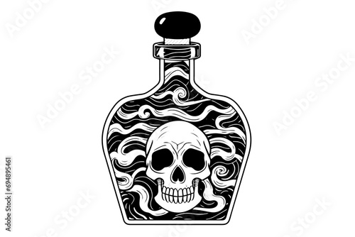 Magic bottle with death potion or poison hand drawn ink sketch. Engraved style vector illustration.