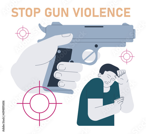 Gun control. Second amendment ban. Weapon regulations law movement. Firearm violence. Mass shooting in public places and school. Flat vector illustration