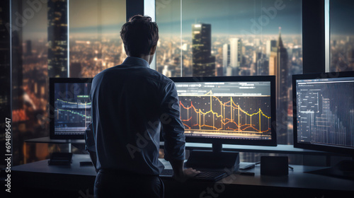 Cryptocurrency strategist utilizing big screens for market analysis photo