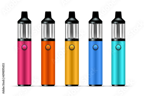 Electronic cigarette set colorful pens mod. Smoking is a bad habit. Realistic 3d illustration. Isolated on white background. Vector.