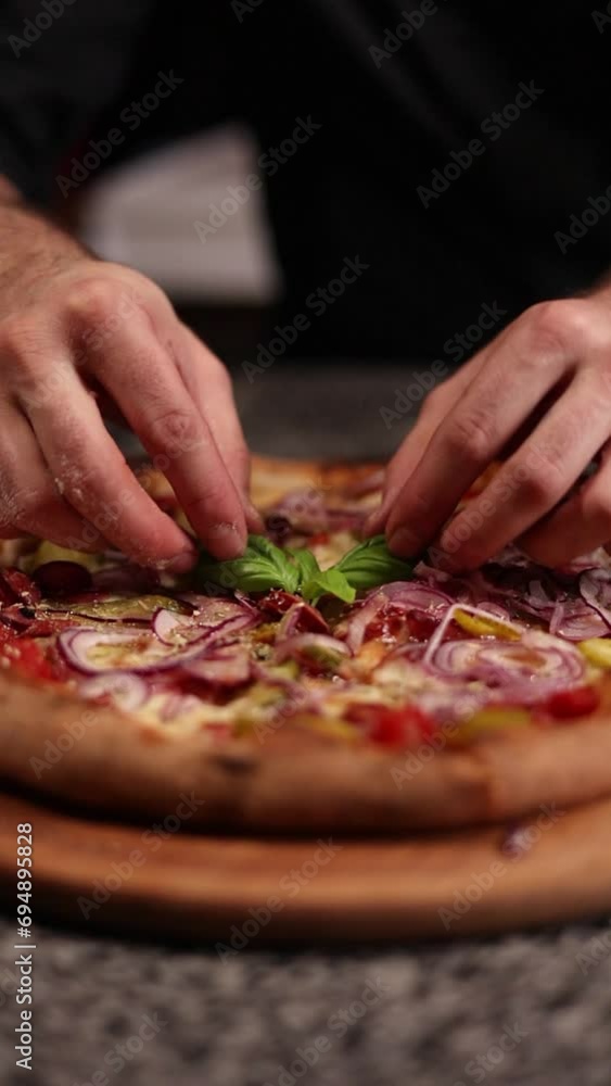 the chef cooks delicious pizza. spreads out the ingredients the chef cooks delicious pizza. spreads out the ingredients