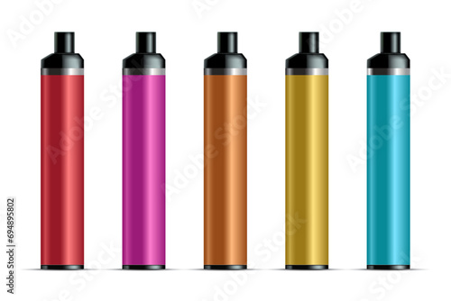 Electronic cigarette set colorful pens mod. Smoking is a bad habit. Realistic 3d illustration. Isolated on white background. Vector.