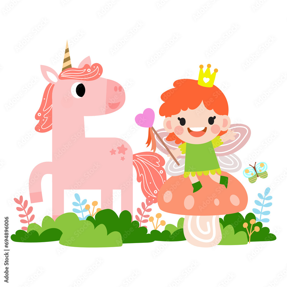 Fairy and Unicorn illustration with rainbow, stars, hearts, clouds, in cartoon style. Fairy and Unicorn illustration with rainbow, stars, hearts, clouds, in cartoon style.