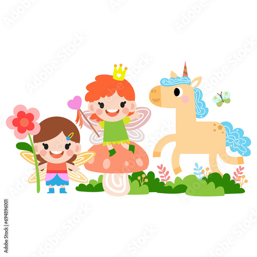 Fairy and Unicorn illustration with rainbow  stars  hearts  clouds  in cartoon style.