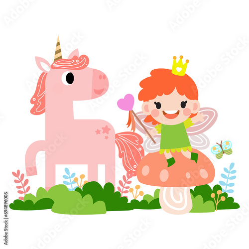 Fairy and Unicorn illustration with rainbow  stars  hearts  clouds  in cartoon style.