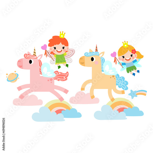 Fairy and Unicorn illustration with rainbow, stars, hearts, clouds, in cartoon style.