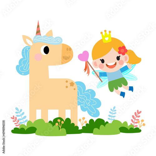 Fairy and Unicorn illustration with rainbow, stars, hearts, clouds, in cartoon style.