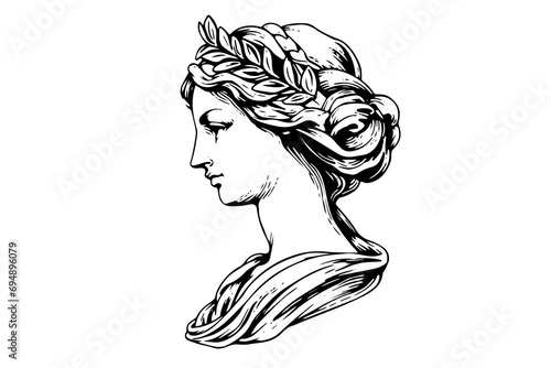 Aphrodite head hand drawn ink sketch. Engraved style vector illustration.