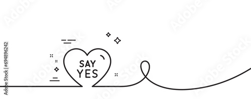 Say yes line icon. Continuous one line with curl. Sweet heart sign. Wedding love symbol. Say yes single outline ribbon. Loop curve pattern. Vector