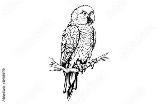 Parrot sitting on a branch hand drawn ink sketch. Engraved style vector illustration.