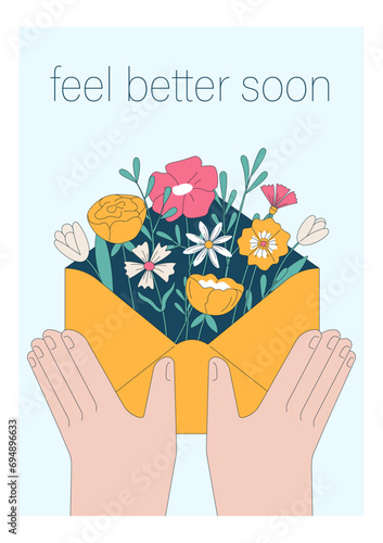 Get well soon card. Positive and motivational poster with greeting quote. Medicine postcard with feel better lettering. Recovery affirmation and wishes. Flat vector Illustration