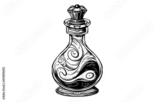 Magic bottle with potion hand drawn ink sketch. Engraved style vector illustration.