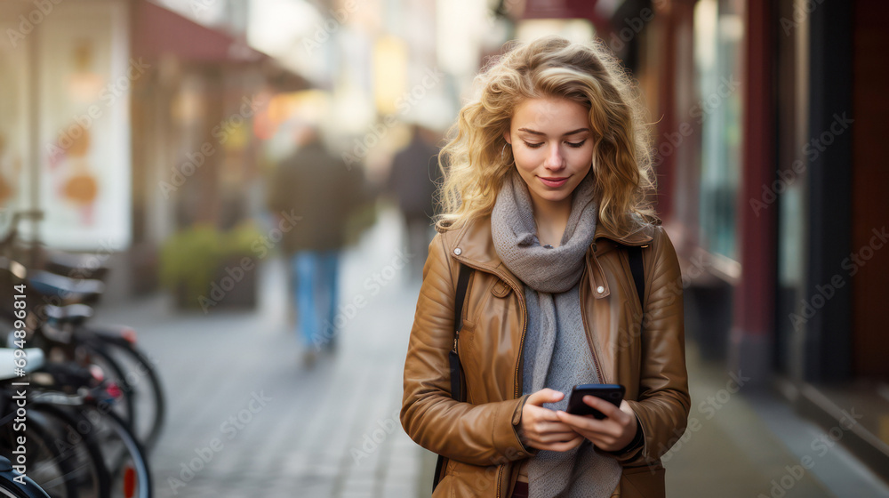 Busy woman on phone strolling through the bustling city streets in daylight Busy woman on phone strolling through the bustling city streets in daylight