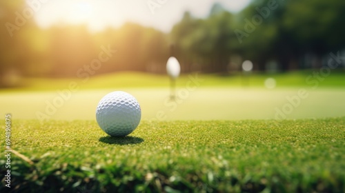 Close-up golf ball on tee with bokeh background, green grass and sunlight photo