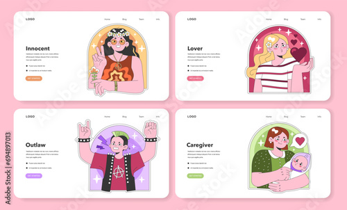 Personality psychological archetypes set. Twelve characters characteristics. Caregiver, creator, everyman, explorer, hero, innocent, jester, lover. Collective unconscious. Flat vector illustration