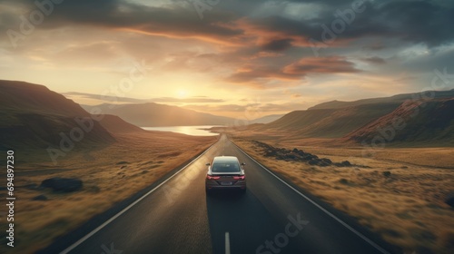 Small car on mountain landscape road at sunset photo